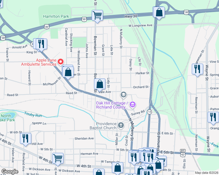 map of restaurants, bars, coffee shops, grocery stores, and more near 414 Lida Street in Mansfield