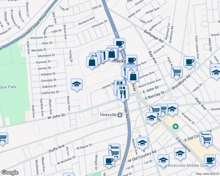map of restaurants, bars, coffee shops, grocery stores, and more near 54 Wyckoff St in Hicksville