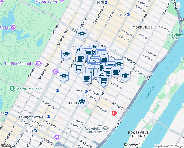 map of restaurants, bars, coffee shops, grocery stores, and more near in New York