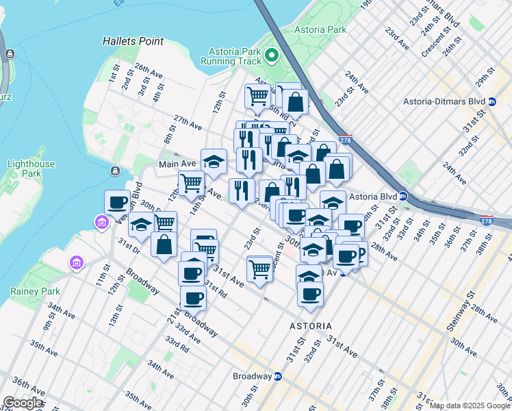 map of restaurants, bars, coffee shops, grocery stores, and more near 22-42 29th Avenue in Queens