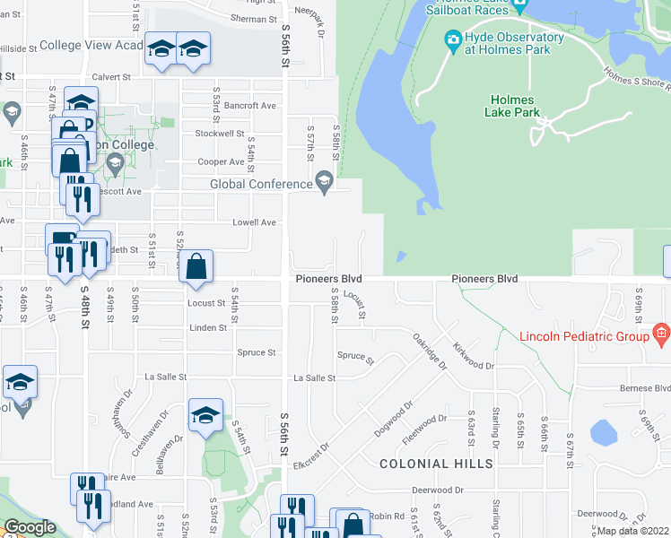 map of restaurants, bars, coffee shops, grocery stores, and more near 4248 South 58th Street in Lincoln