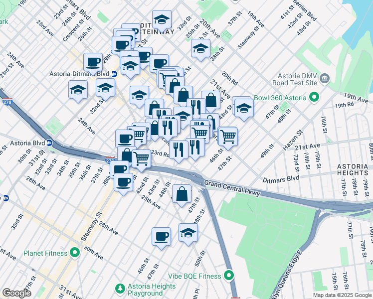 map of restaurants, bars, coffee shops, grocery stores, and more near 42-05 23rd Avenue in Queens