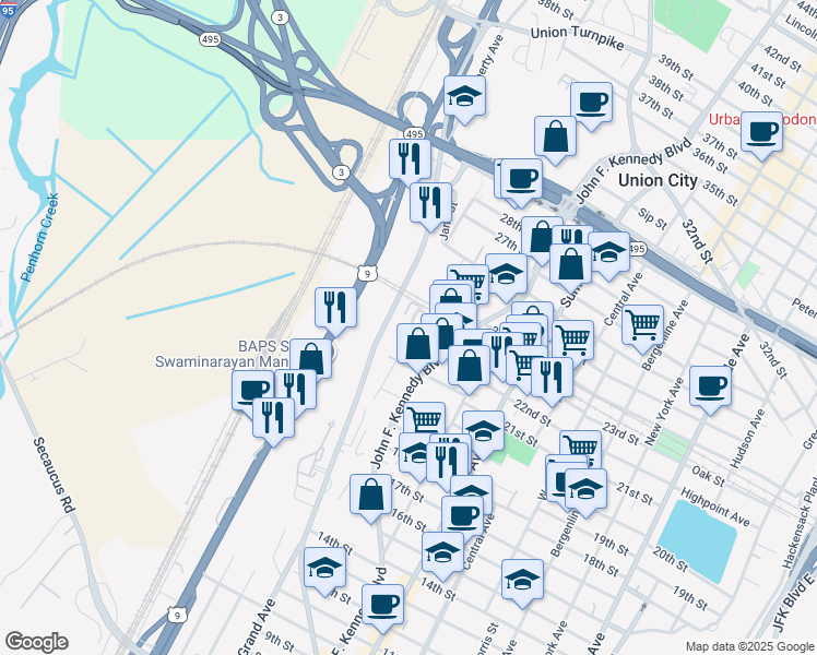 map of restaurants, bars, coffee shops, grocery stores, and more near 2201 Grand Avenue in North Bergen