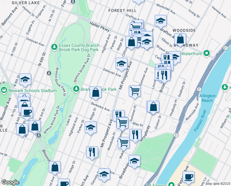 map of restaurants, bars, coffee shops, grocery stores, and more near 175 Ballantine Parkway in Newark
