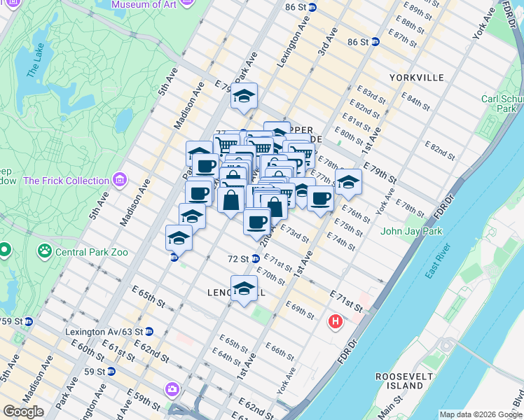 map of restaurants, bars, coffee shops, grocery stores, and more near 220 East 73rd Street in New York