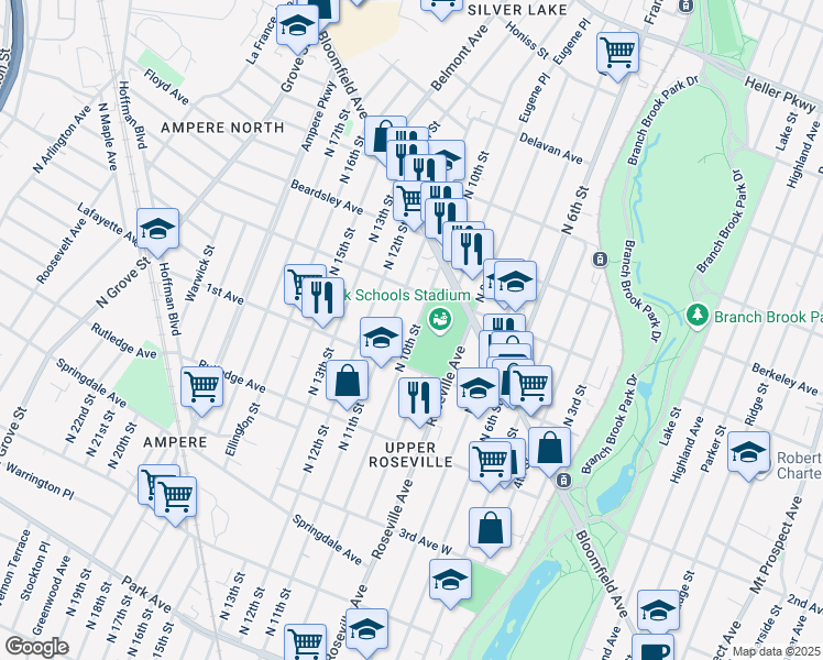 map of restaurants, bars, coffee shops, grocery stores, and more near 164 North 10th Street in Newark