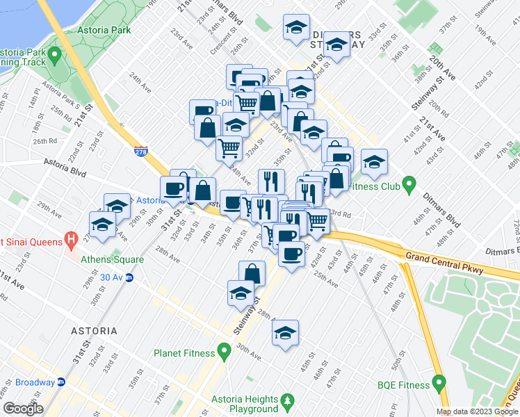map of restaurants, bars, coffee shops, grocery stores, and more near 24-17 36th Street in Queens