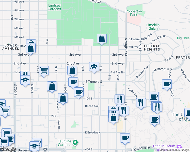 map of restaurants, bars, coffee shops, grocery stores, and more near 30 R Street in Salt Lake City