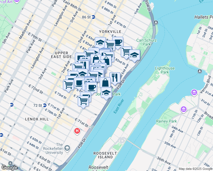 map of restaurants, bars, coffee shops, grocery stores, and more near 516 East 78th Street in New York