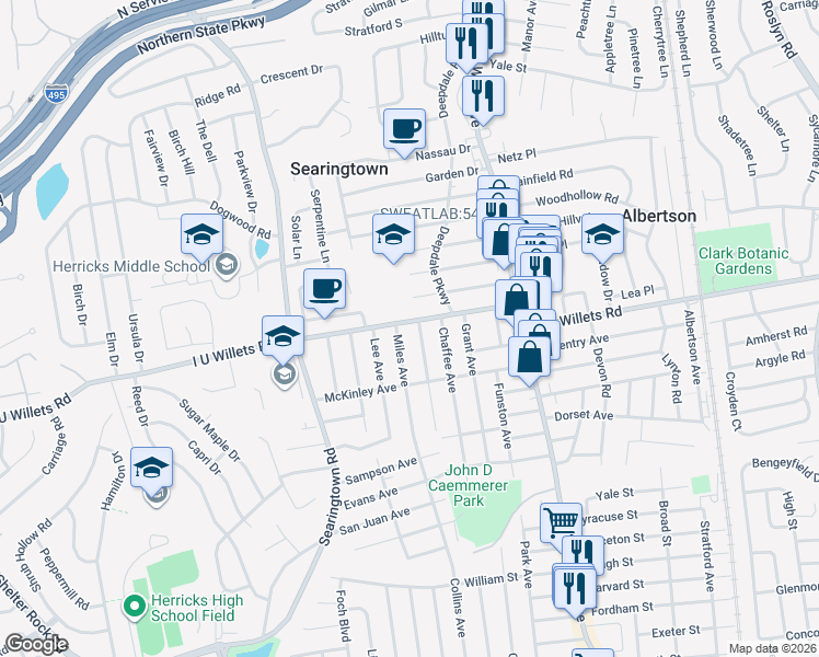 map of restaurants, bars, coffee shops, grocery stores, and more near 109 I U Willets Road in Albertson
