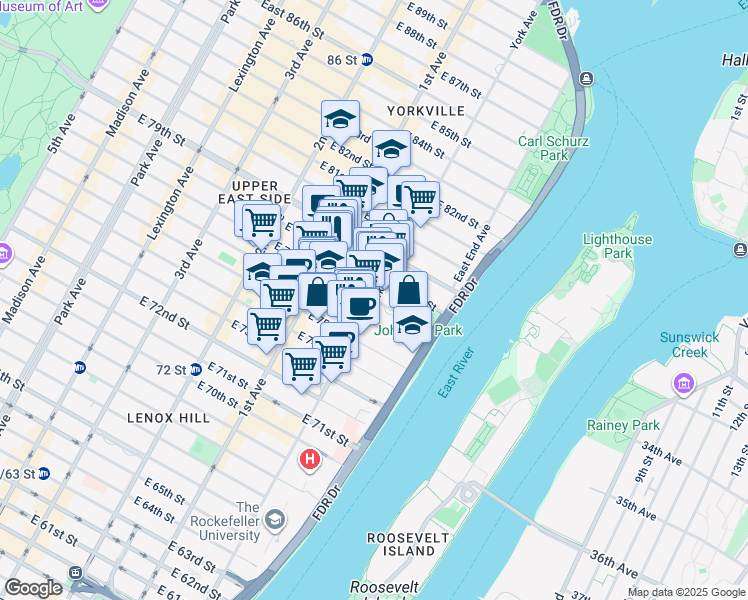 map of restaurants, bars, coffee shops, grocery stores, and more near York Ave & E 77th St in New York