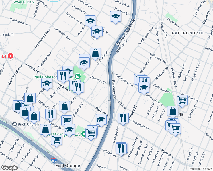 map of restaurants, bars, coffee shops, grocery stores, and more near 25 Hamilton Street in East Orange