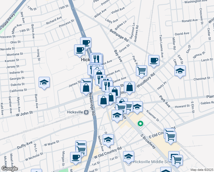 map of restaurants, bars, coffee shops, grocery stores, and more near 25 Notre Dame Avenue in Hicksville