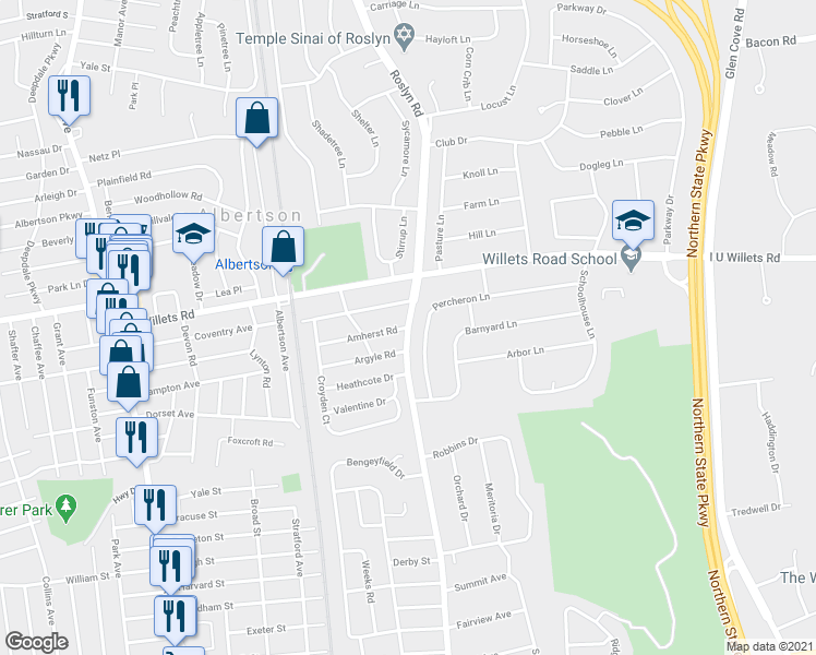 map of restaurants, bars, coffee shops, grocery stores, and more near Roslyn Rd & Amherst Rd in Roslyn Heights