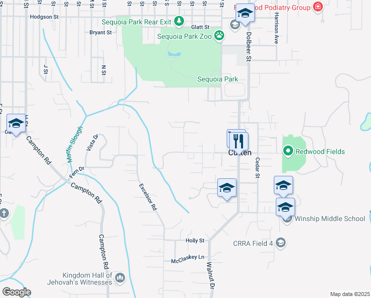 map of restaurants, bars, coffee shops, grocery stores, and more near 2025 Fern Street in Eureka