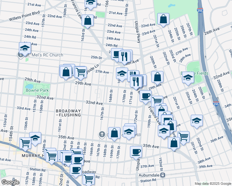 map of restaurants, bars, coffee shops, grocery stores, and more near 27 168th Street in Queens