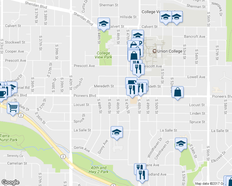 map of restaurants, bars, coffee shops, grocery stores, and more near 4540 Pioneers Boulevard in Lincoln