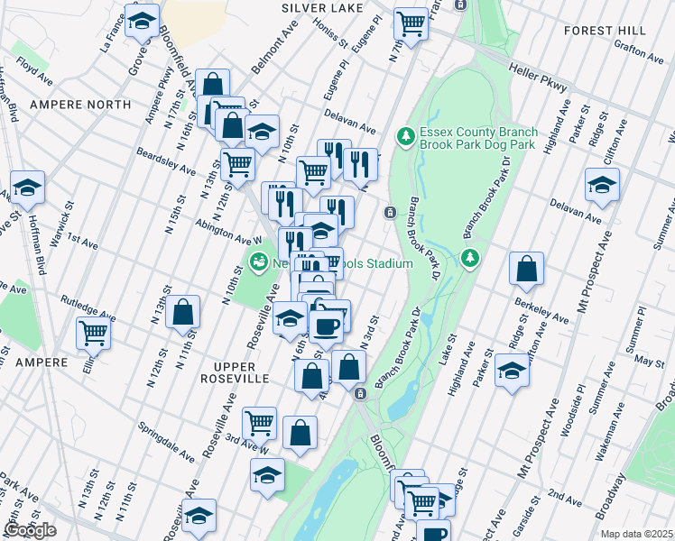 map of restaurants, bars, coffee shops, grocery stores, and more near 203 Abington Avenue in Newark