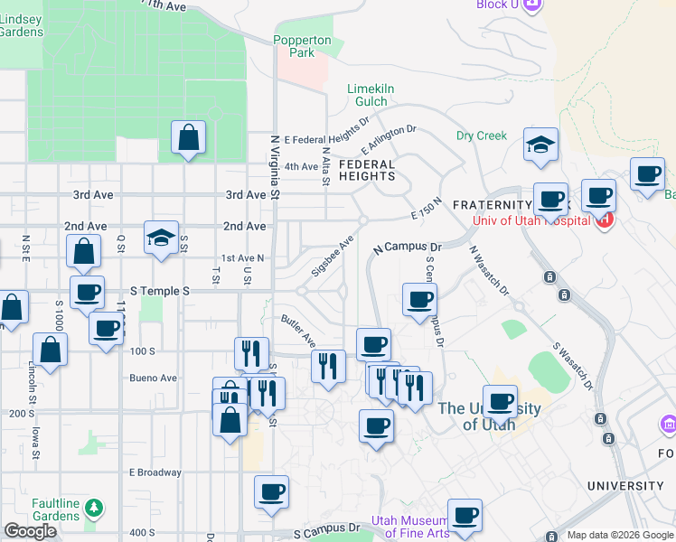 map of restaurants, bars, coffee shops, grocery stores, and more near 29 North Wolcott Street in Salt Lake City