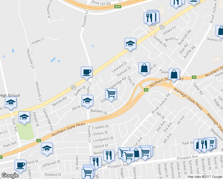 map of restaurants, bars, coffee shops, grocery stores, and more near 832 Pepperidge Rd in Westbury