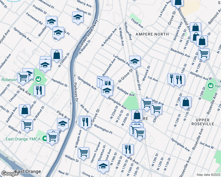 map of restaurants, bars, coffee shops, grocery stores, and more near 465 County Road 509 in East Orange