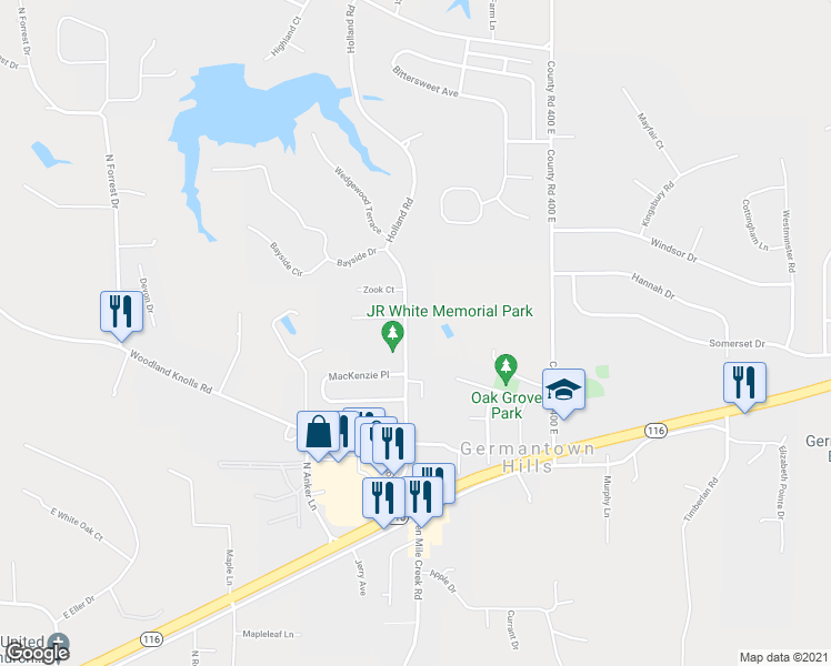 map of restaurants, bars, coffee shops, grocery stores, and more near 410 Holland Road in Germantown Hills