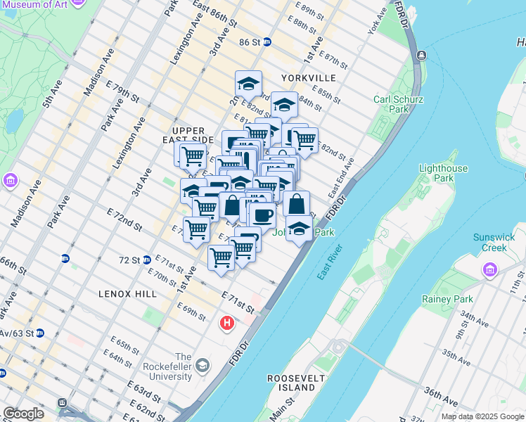 map of restaurants, bars, coffee shops, grocery stores, and more near 1431 York Avenue in New York