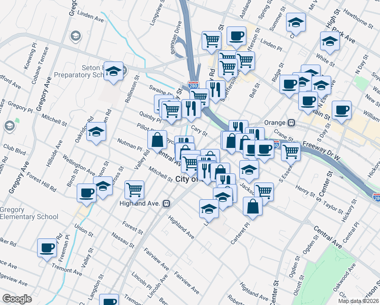 map of restaurants, bars, coffee shops, grocery stores, and more near 232 South Jefferson Street in City of Orange