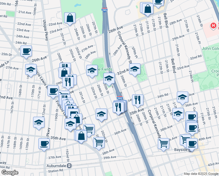 map of restaurants, bars, coffee shops, grocery stores, and more near 205-01 33rd Avenue in Queens