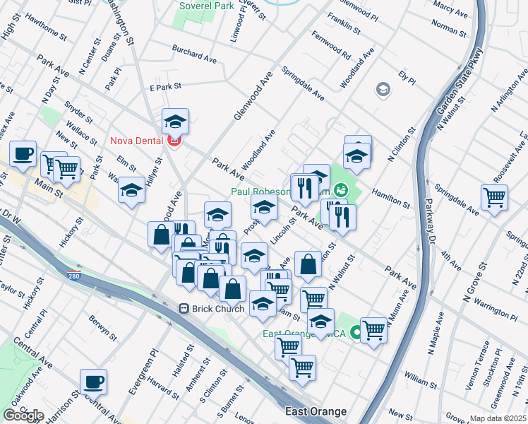 map of restaurants, bars, coffee shops, grocery stores, and more near 124 Prospect Street in East Orange