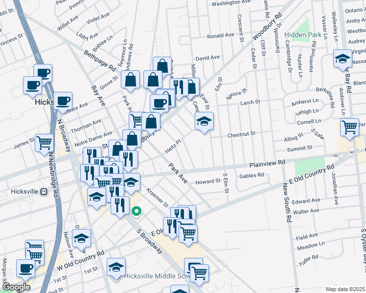 map of restaurants, bars, coffee shops, grocery stores, and more near 48 Mckinley Avenue in Hicksville
