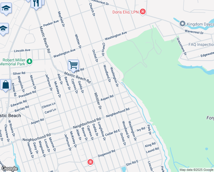 map of restaurants, bars, coffee shops, grocery stores, and more near 161 Orchid Drive in Mastic Beach