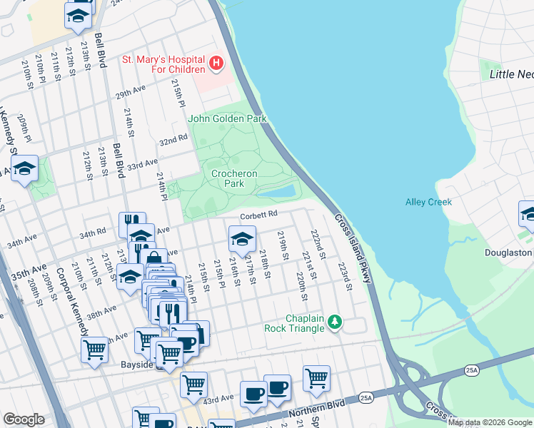 map of restaurants, bars, coffee shops, grocery stores, and more near 217-46 Corbett Road in Queens