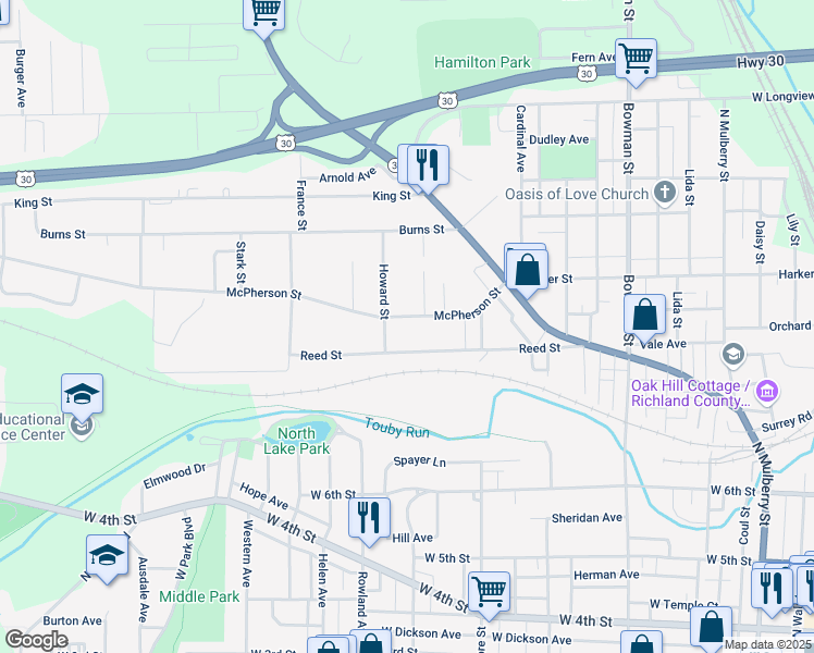 map of restaurants, bars, coffee shops, grocery stores, and more near 477 McPherson Street in Mansfield