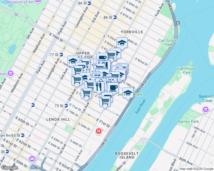 map of restaurants, bars, coffee shops, grocery stores, and more near 421 East 76th Street in New York