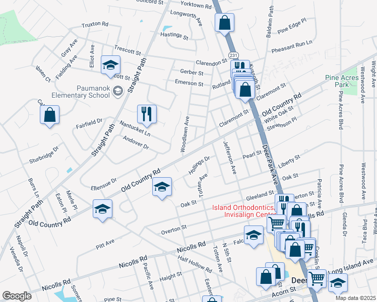 map of restaurants, bars, coffee shops, grocery stores, and more near 237 Old Country Road in Deer Park