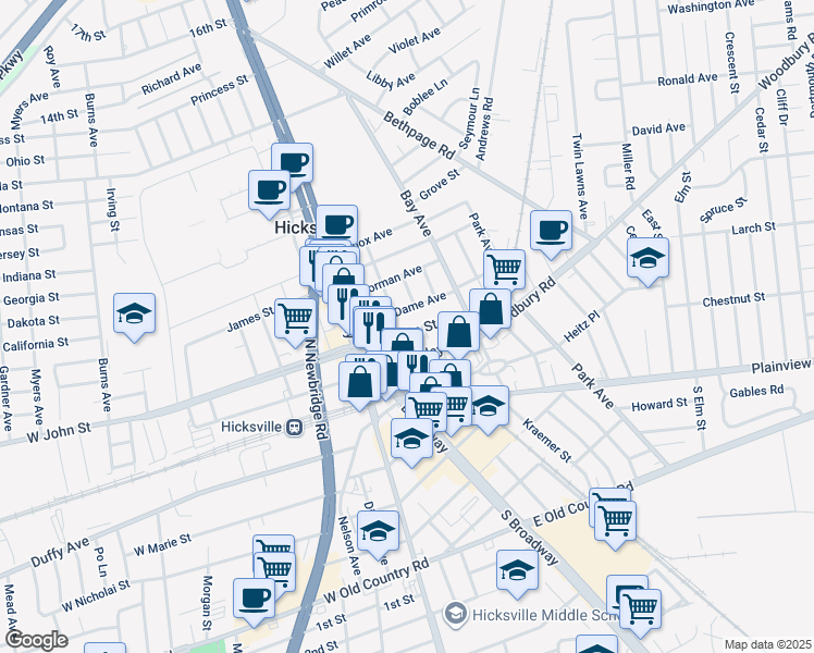 map of restaurants, bars, coffee shops, grocery stores, and more near 48 E John St in Hicksville
