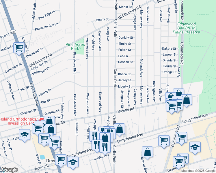 map of restaurants, bars, coffee shops, grocery stores, and more near 233 Liberty Street in Deer Park