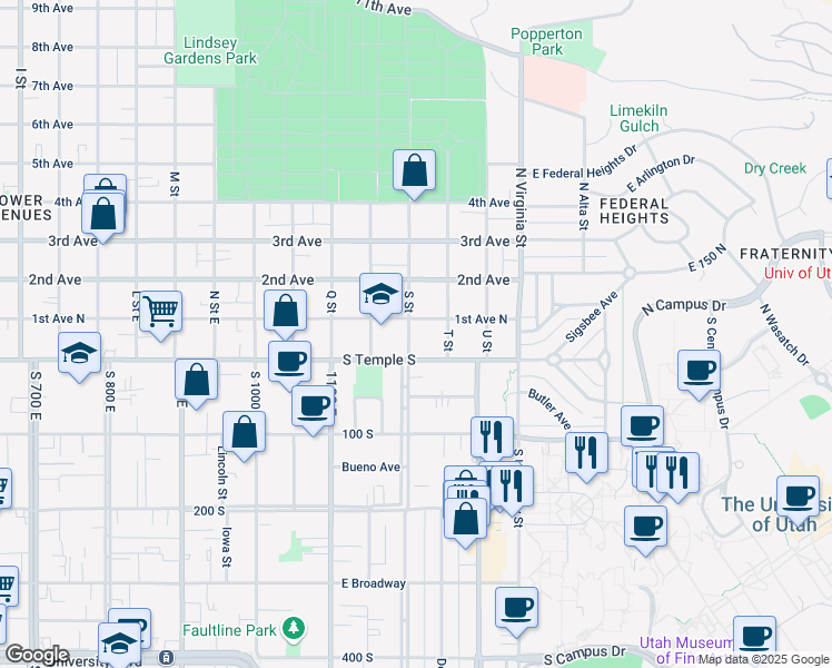 map of restaurants, bars, coffee shops, grocery stores, and more near 30 S Street in Salt Lake City