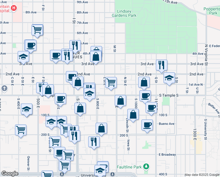 map of restaurants, bars, coffee shops, grocery stores, and more near 24 L Street East in Salt Lake City