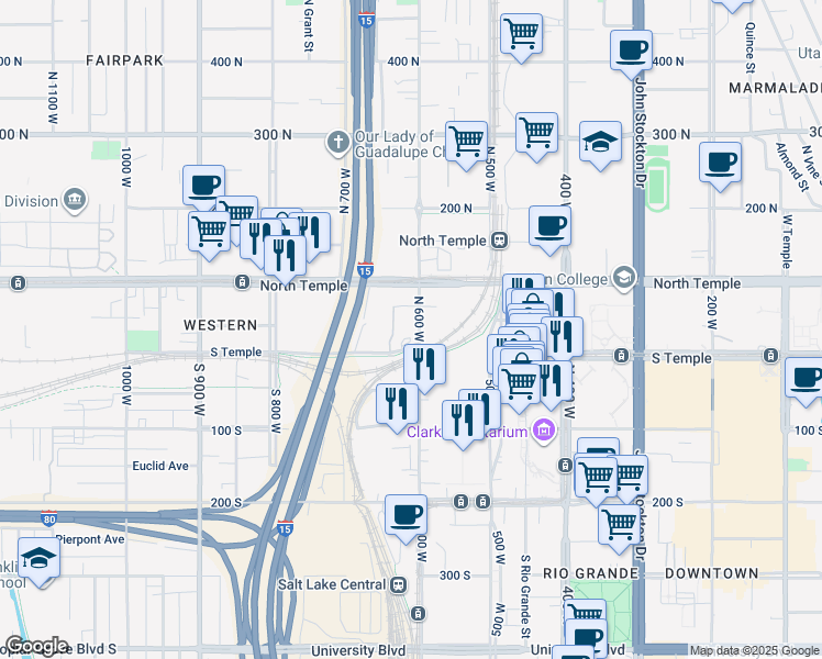 map of restaurants, bars, coffee shops, grocery stores, and more near 650 West South Temple in Salt Lake City