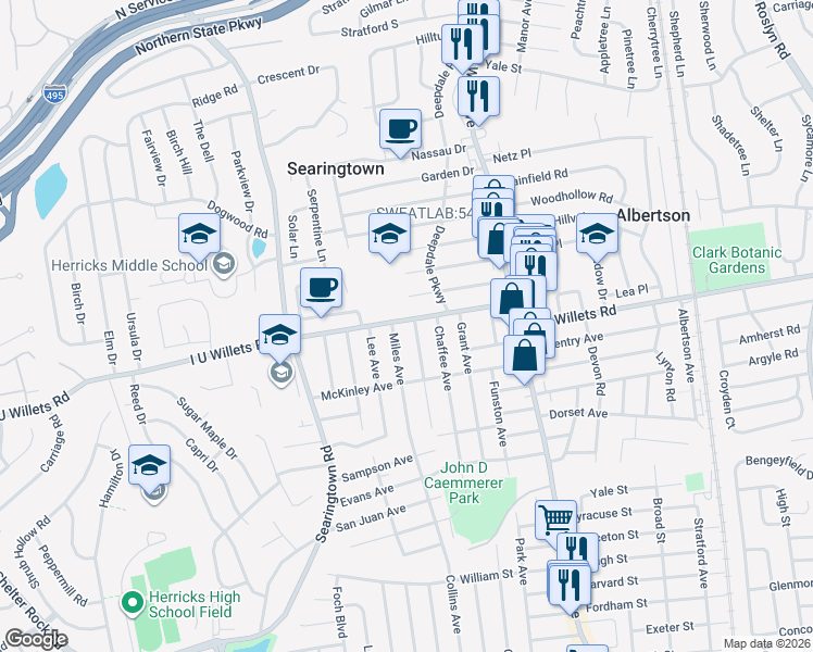 map of restaurants, bars, coffee shops, grocery stores, and more near 109 I U Willets Road in Albertson