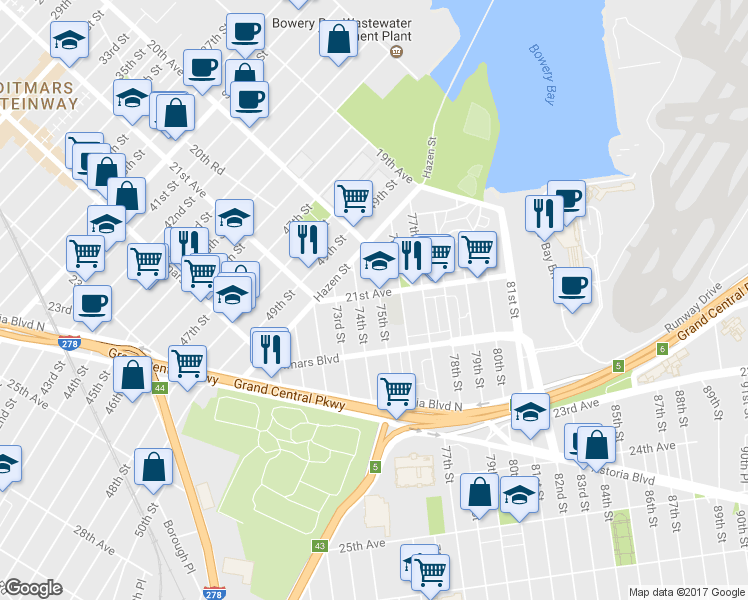 map of restaurants, bars, coffee shops, grocery stores, and more near 75-10 21st Avenue in Queens