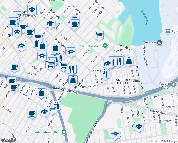 map of restaurants, bars, coffee shops, grocery stores, and more near 49-18 21st Avenue in Queens