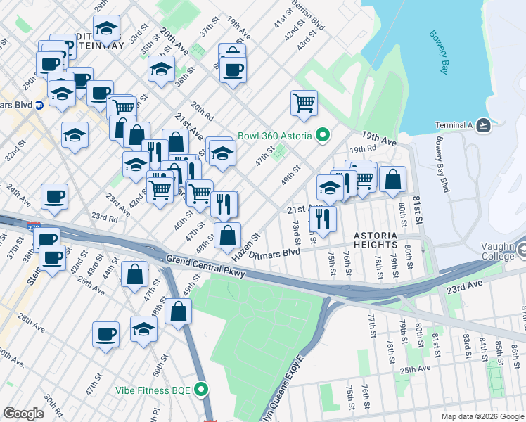 map of restaurants, bars, coffee shops, grocery stores, and more near 21-32 49th Street in Queens