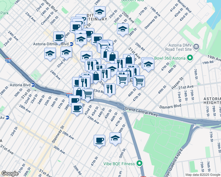 map of restaurants, bars, coffee shops, grocery stores, and more near 42-05 23rd Avenue in Queens