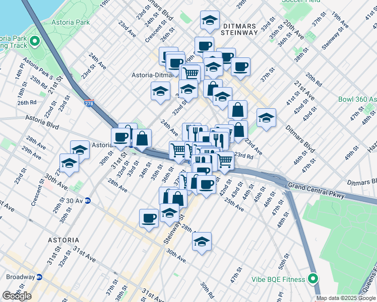 map of restaurants, bars, coffee shops, grocery stores, and more near 36-16 24th Avenue in Queens