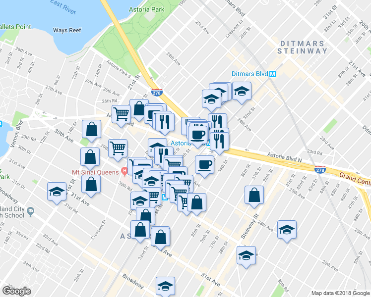 map of restaurants, bars, coffee shops, grocery stores, and more near in Queens