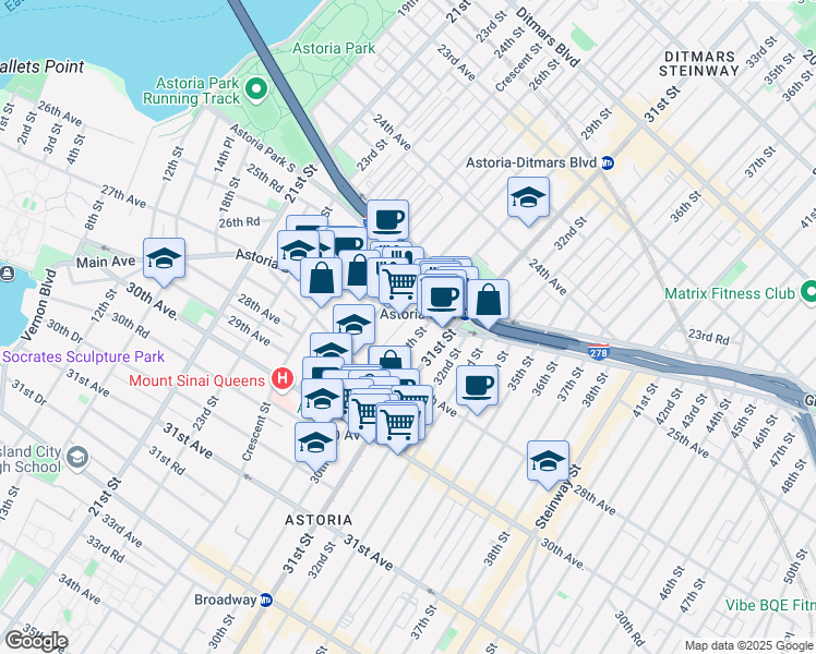 map of restaurants, bars, coffee shops, grocery stores, and more near in Queens