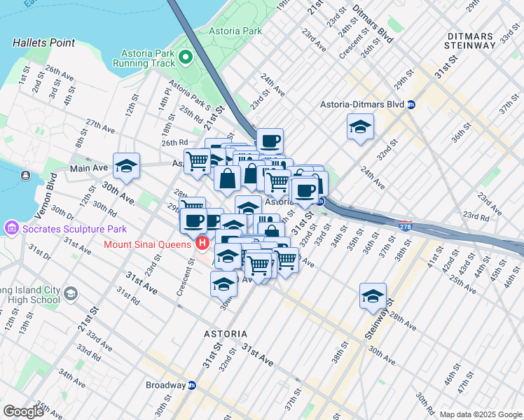 map of restaurants, bars, coffee shops, grocery stores, and more near 26-33 28th Street in Queens